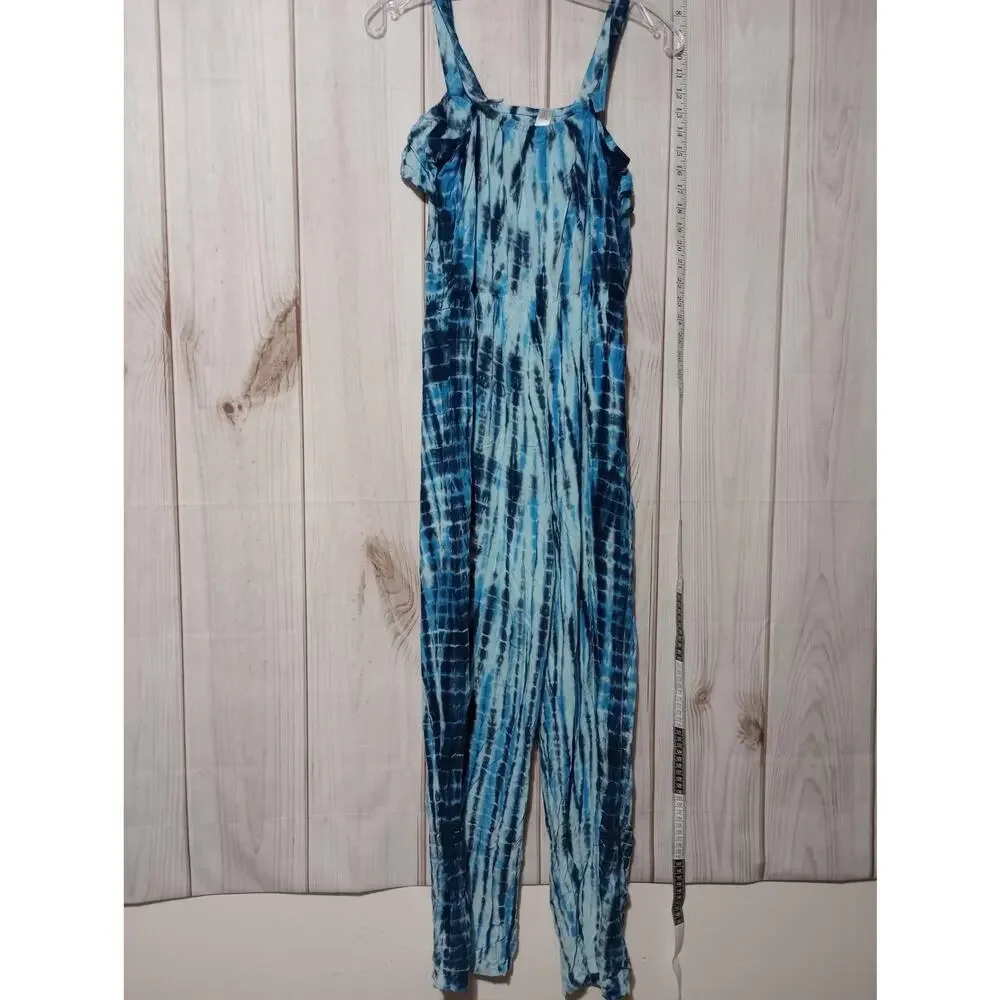 Justice‎ Girls Blue Tie Dye Ruffle Sleeveless Jumpsuit Size 14 Rayon Wide Leg